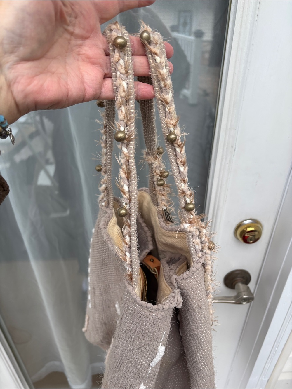 Ancient Greek Sandals Taupe Boho Beaded Braided Handles BOHO VASO TOTE BAG - Picture 4 of 14